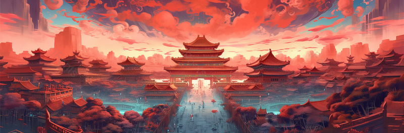 红色渐变大气国潮风插画故宫宫殿街道行人远山祥云,插画/手绘图,插画/手绘图库,插画/手绘图下载,插画/手绘